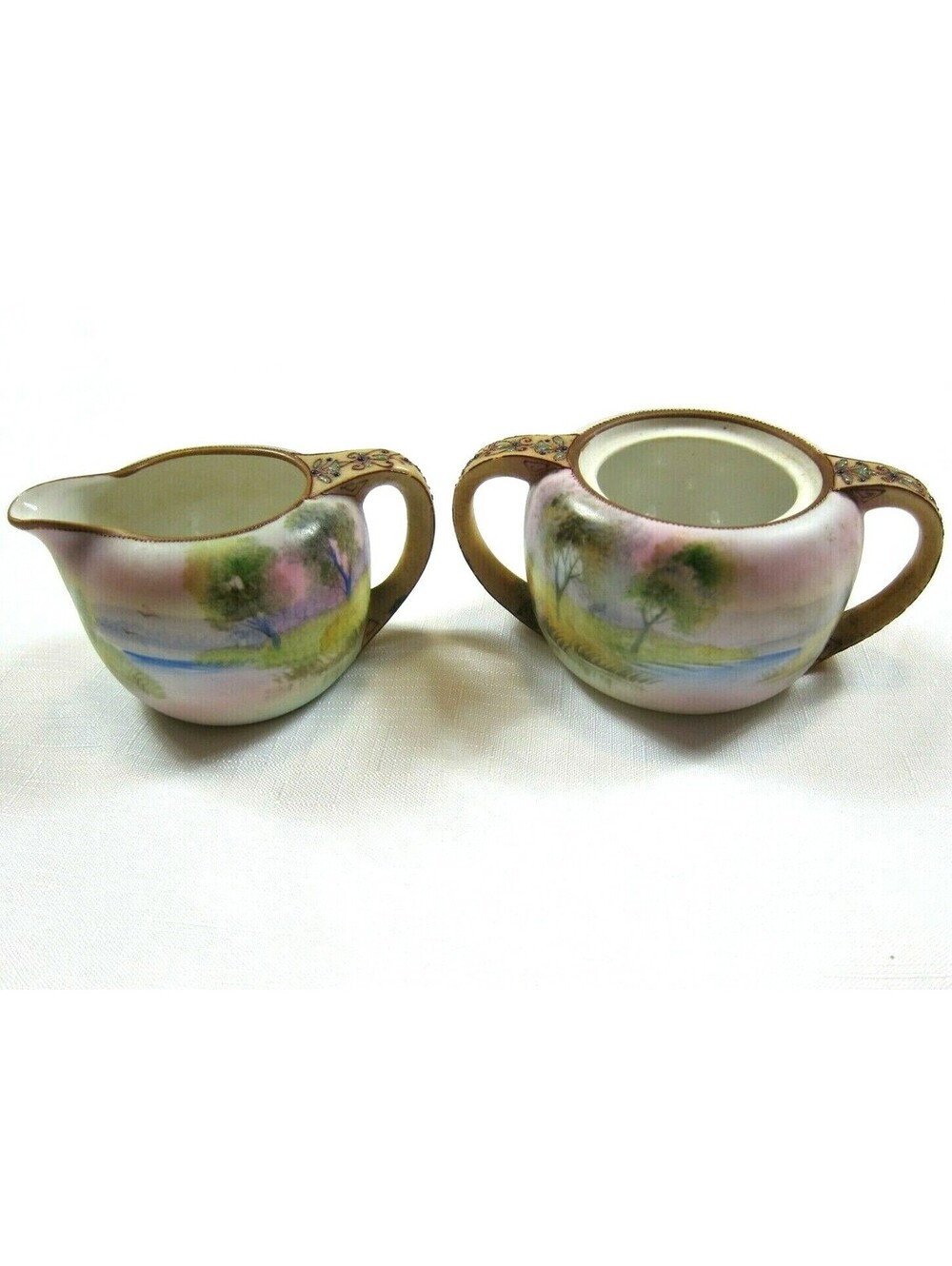 Antique 1914-21 Nippon Moriage Morimura Porcelain Creamer & Sugar Set Landscape